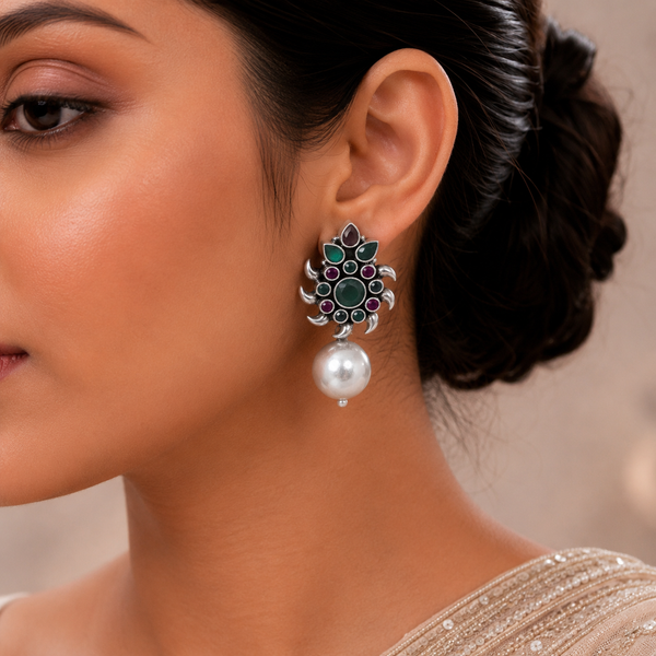 Tanvi Emerald Bloom Silver Earrings