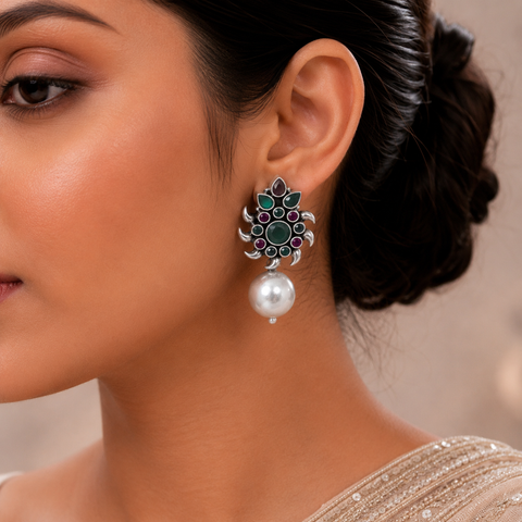 Tanvi Emerald Bloom Silver Earrings