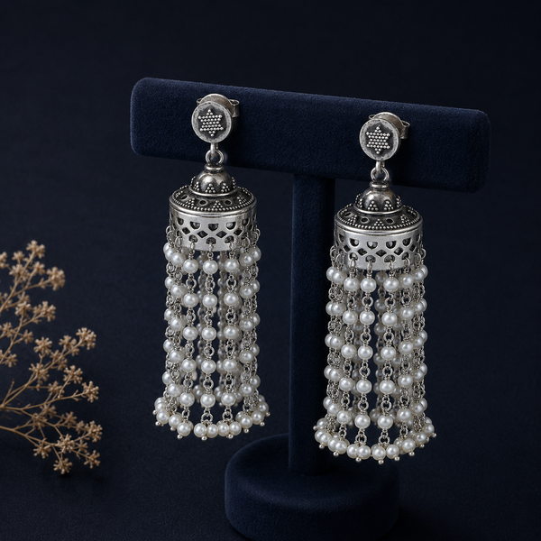 Vanya Pearl Flow Cascade Silver Jhumki