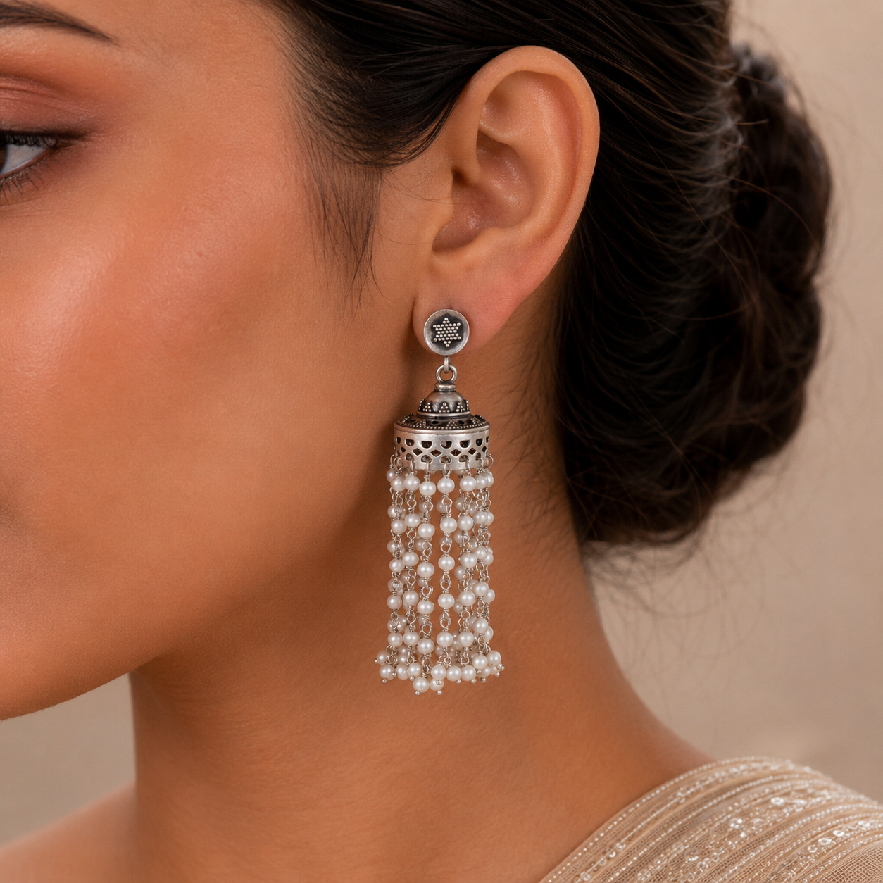 Vanya Pearl Flow Cascade Silver Jhumki