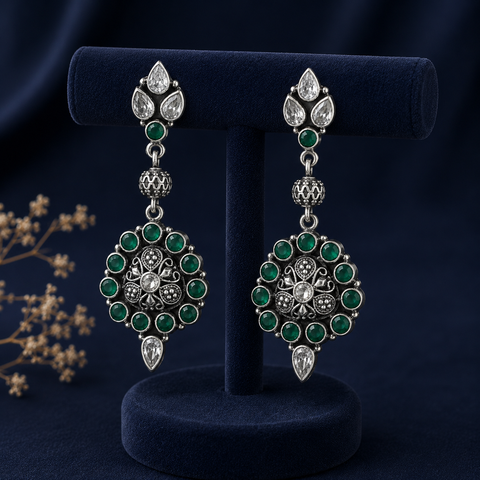 Varsha Green Stones Bead Work Silver Earrings