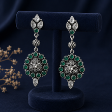 Varsha Green Stones Bead Work Silver Earrings