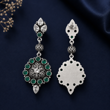 Varsha Green Stones Bead Work Silver Earrings