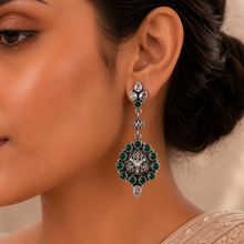 Varsha Green Stones Bead Work Silver Earrings