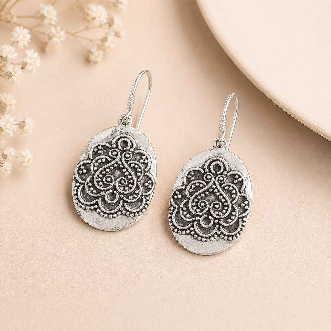 Floral Oval Danglers Silver Earrings