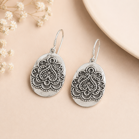 Floral Oval Danglers Silver Earrings