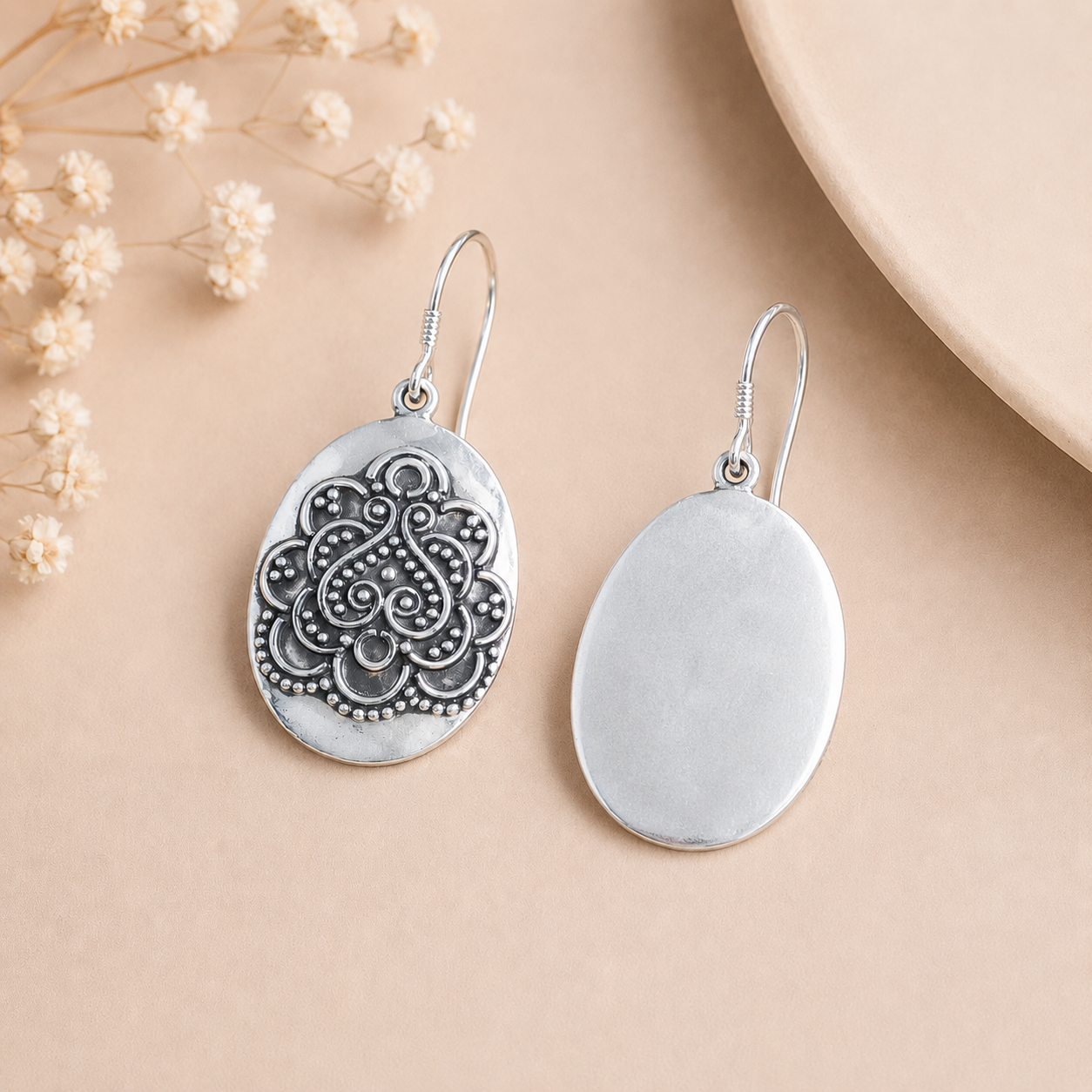Floral Oval Danglers Silver Earrings