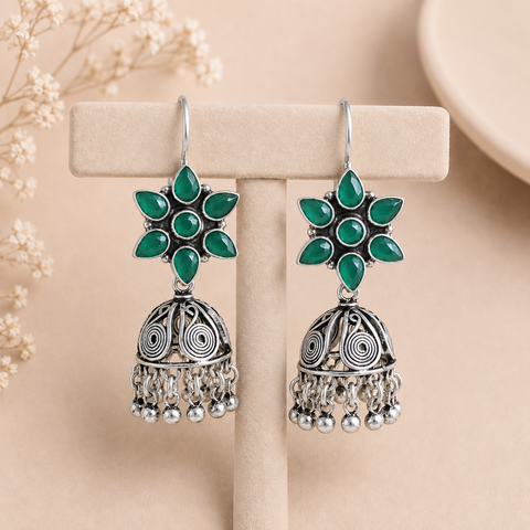Zara Green Floral Silver Jhumki