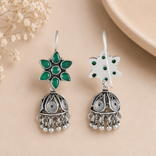 Zara Green Floral Silver Jhumki