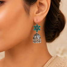 Zara Green Floral Silver Jhumki