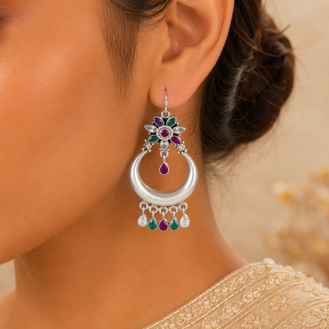 Teena Ethnic Gemstone Chand Silver Earrings