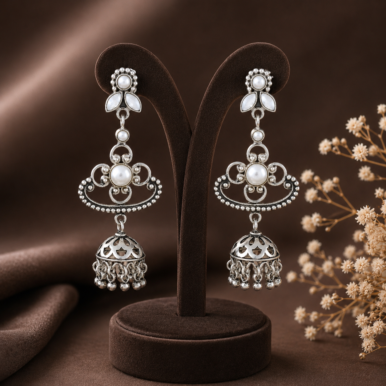 Floral Pearl Drops Silver Jhumki