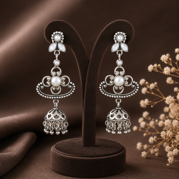 Floral Pearl Drops Silver Jhumki