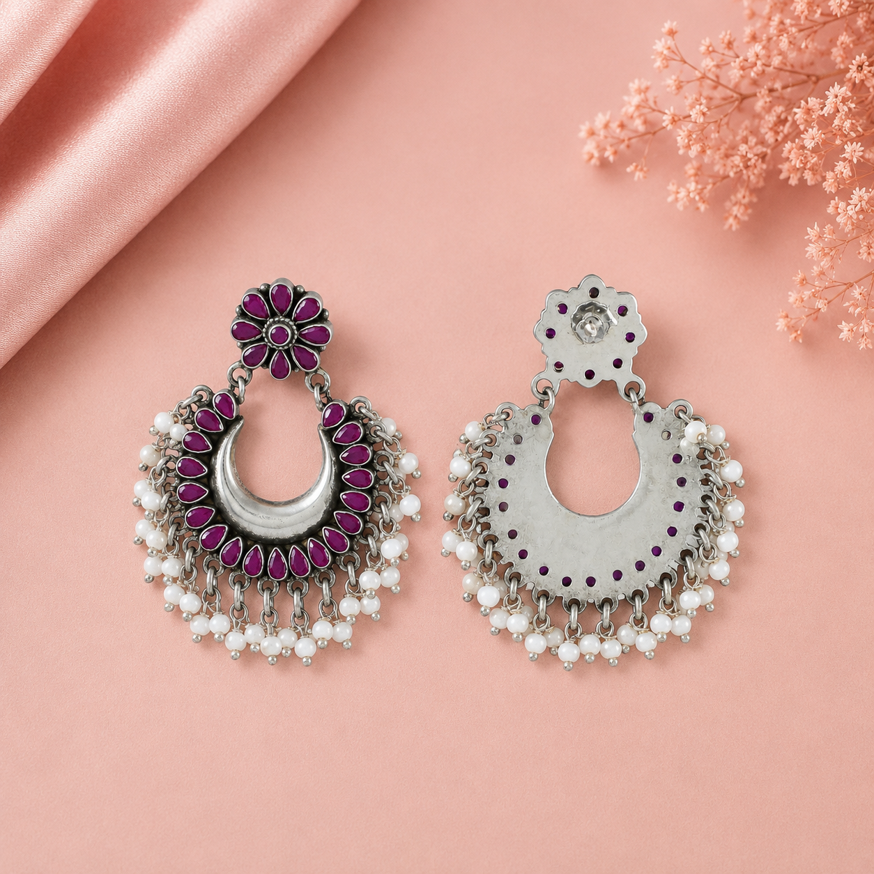 Ishika Floral Chand Drop Silver Earrings