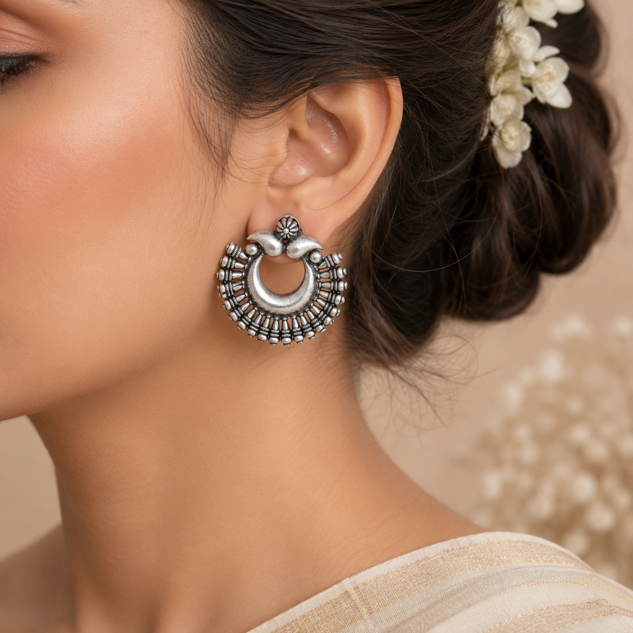 Kyra Tribal Chand Silver Earrings
