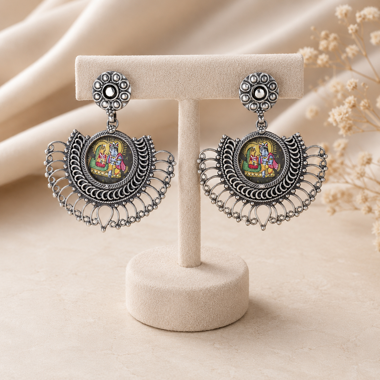 Radha Krishna Charm Silver Earrings