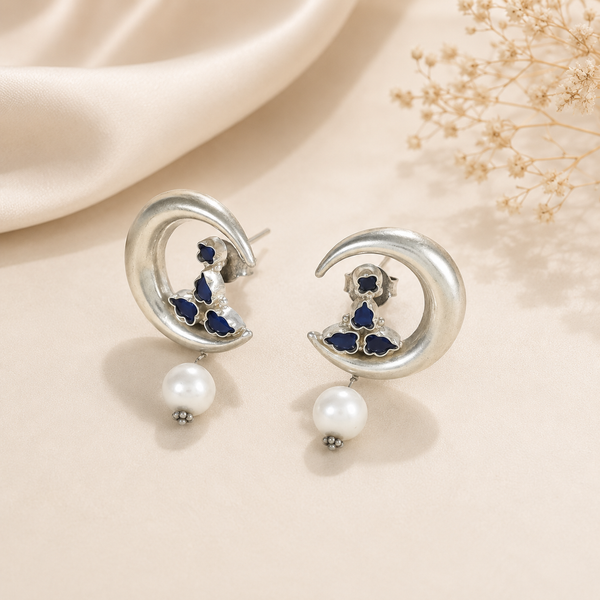 Riddhima Moon Pearl Drops Silver Earrings