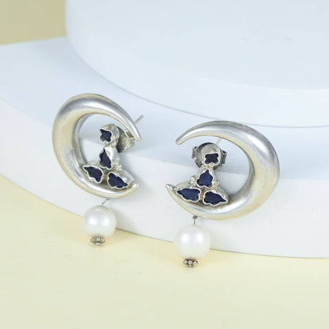 Riddhima Moon Pearl Drops Silver Earrings