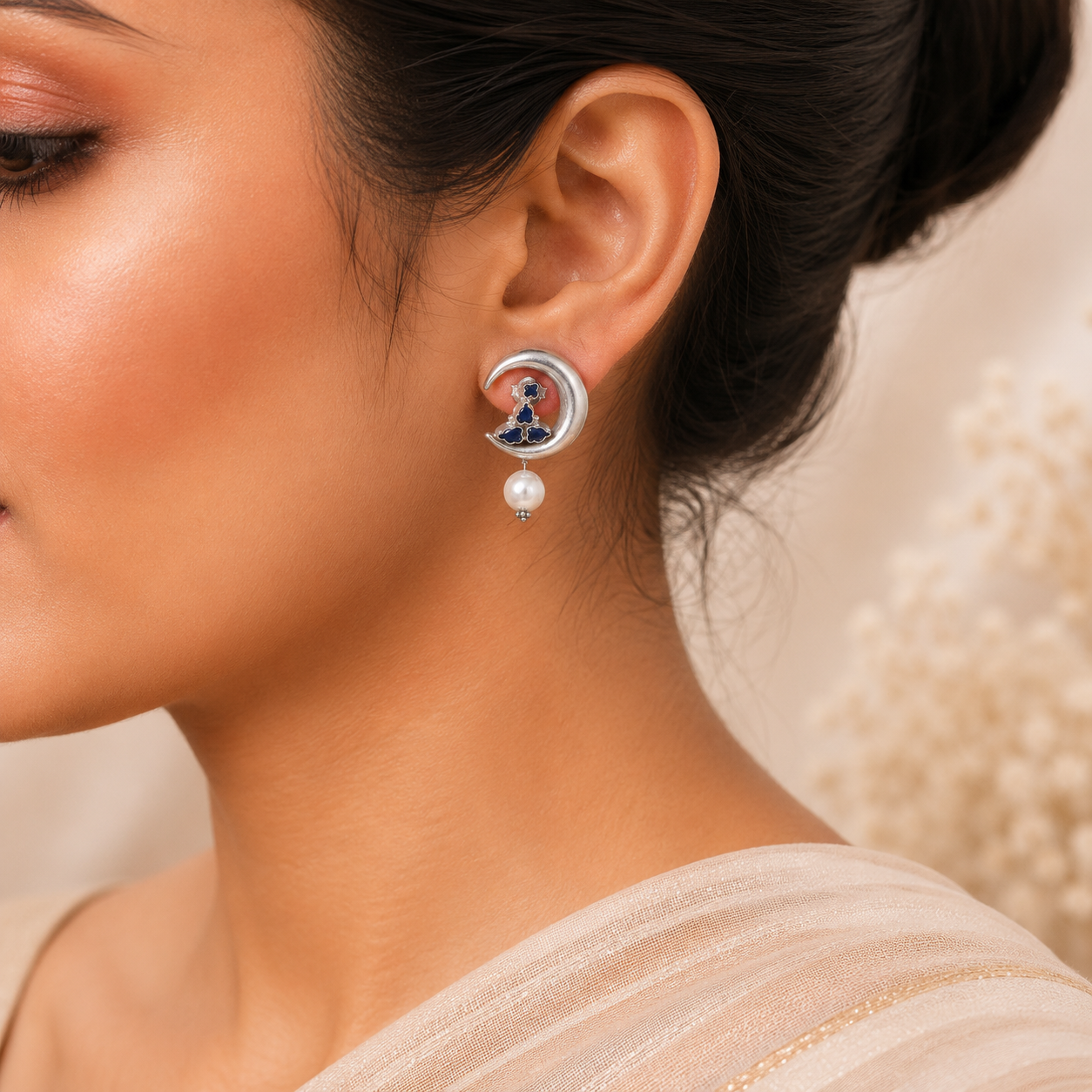 Riddhima Moon Pearl Drops Silver Earrings