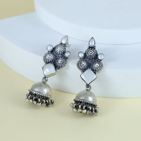 Devika Antique White Pearl Silver Jhumki