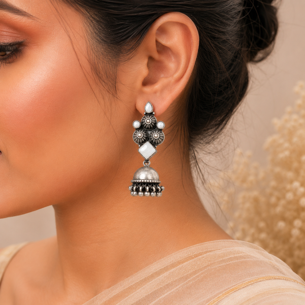 Devika Antique White Pearl Silver Jhumki