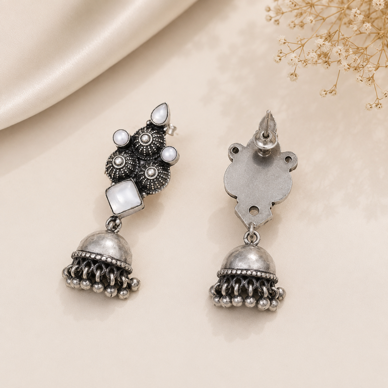 Devika Antique White Pearl Silver Jhumki
