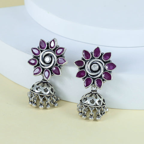 Charu Floral Ruby Drops Silver Jhumki