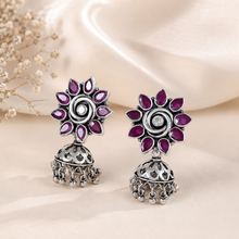 Charu Floral Ruby Drops Silver Jhumki