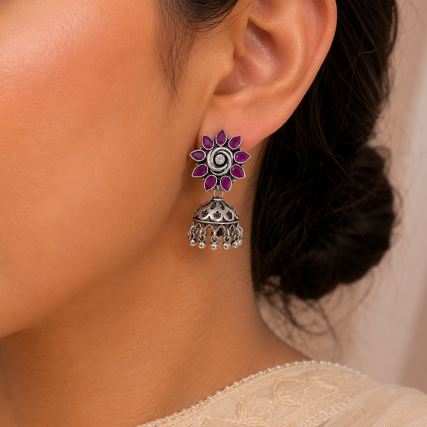 Charu Floral Ruby Drops Silver Jhumki