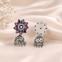 Charu Floral Ruby Drops Silver Jhumki