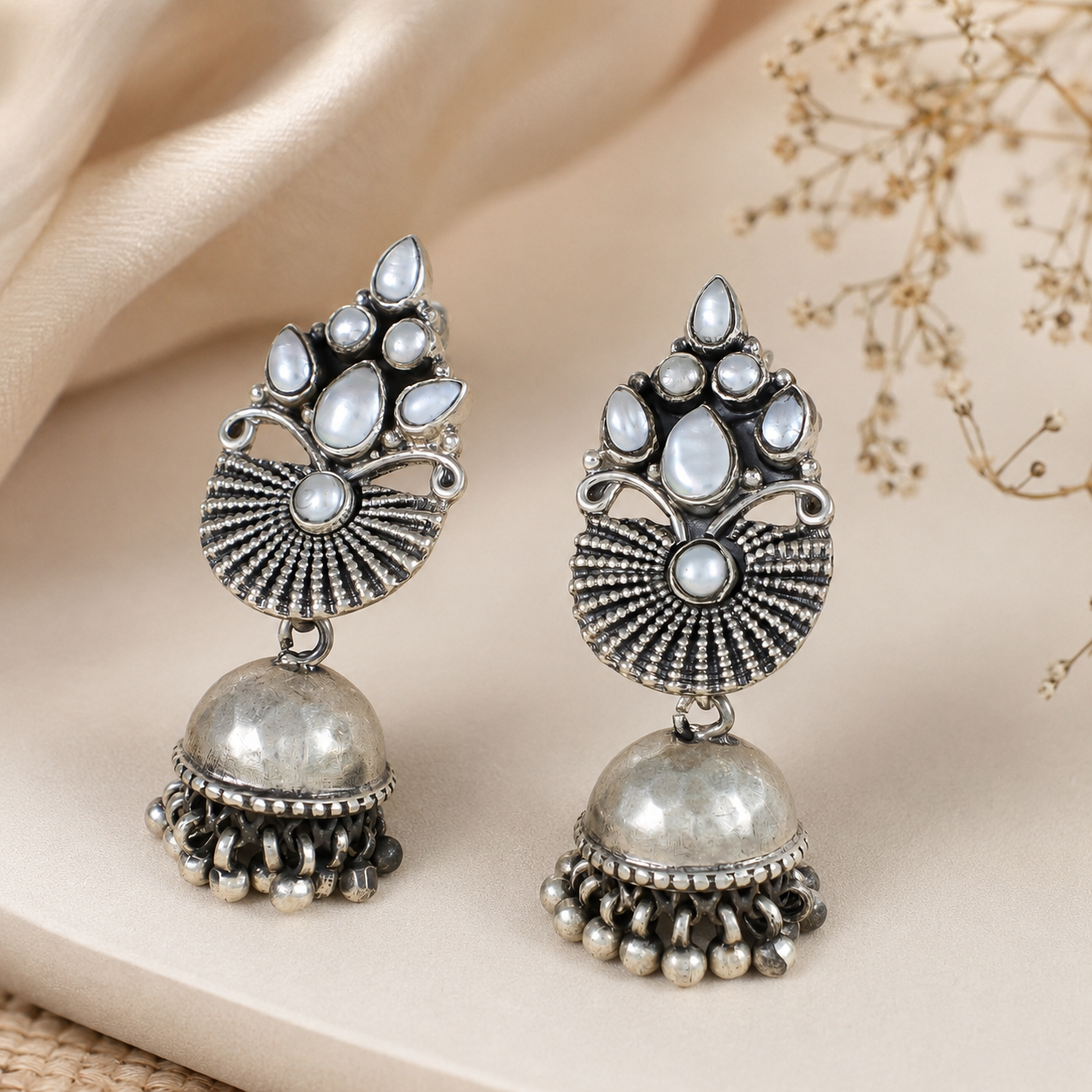 Avika White Pearl  Glow Silver  Jhumki
