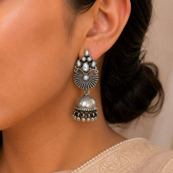 Avika White Pearl  Glow Silver  Jhumki