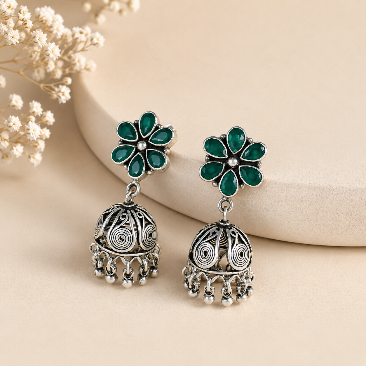 Divya Floral Green Silver Jhumki