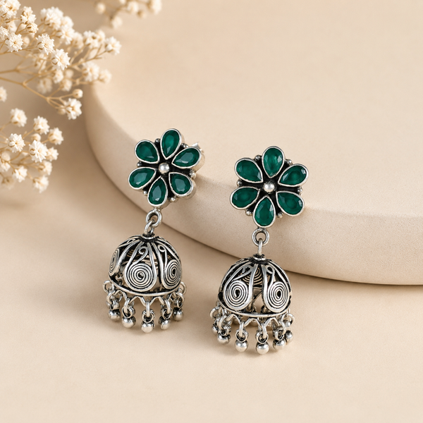 Divya Floral Green Silver Jhumki