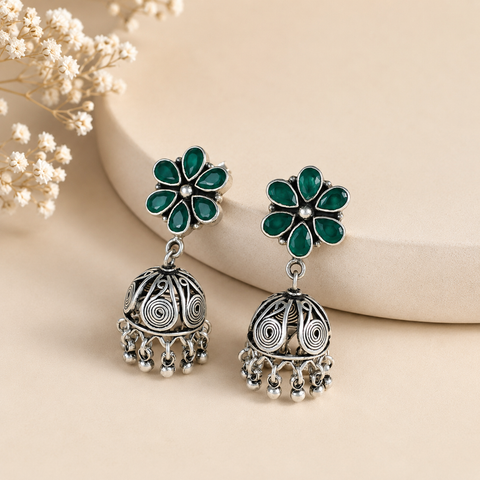 Divya Floral Green Silver Jhumki