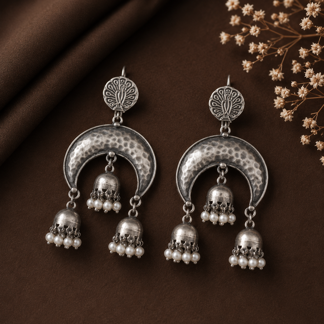 Tribal Moon Danglers Silver Earrings