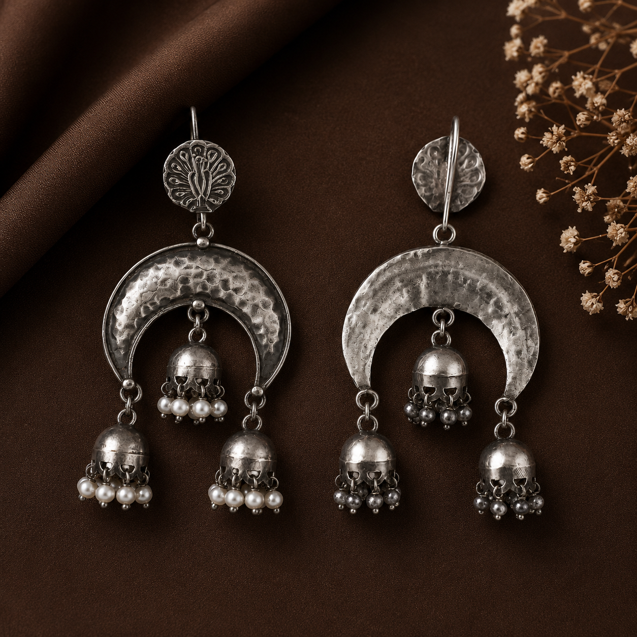 Tribal Moon Danglers Silver Earrings