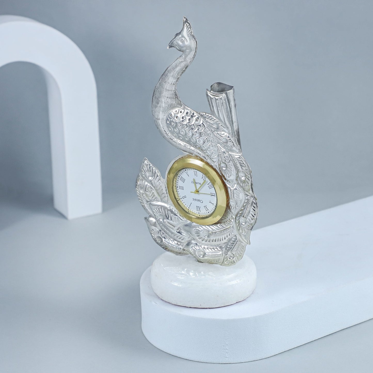 Antique Peacock Table  Silver Clock
