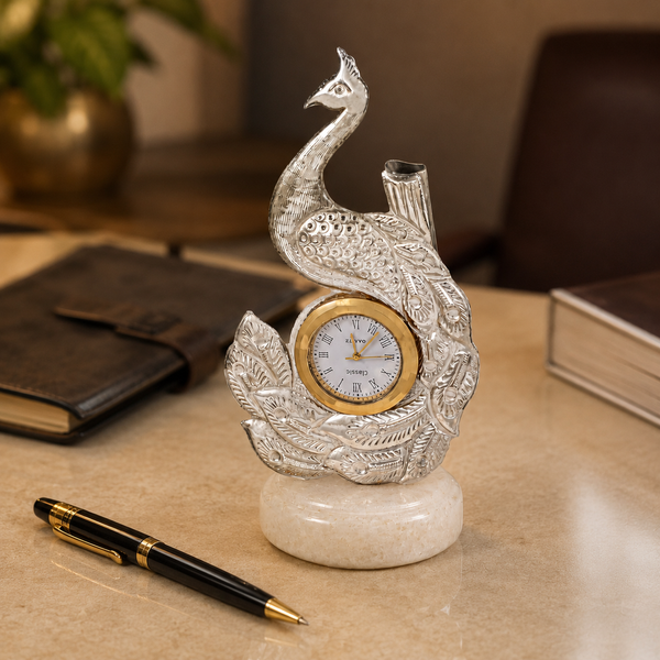 Antique Peacock Table  Silver Clock
