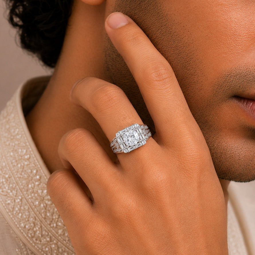 Rajveer Prestige Square Silver Ring For Him