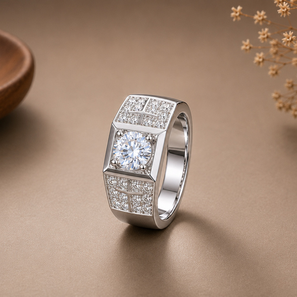 Rajveer Royal Grid Silver Ring For Him