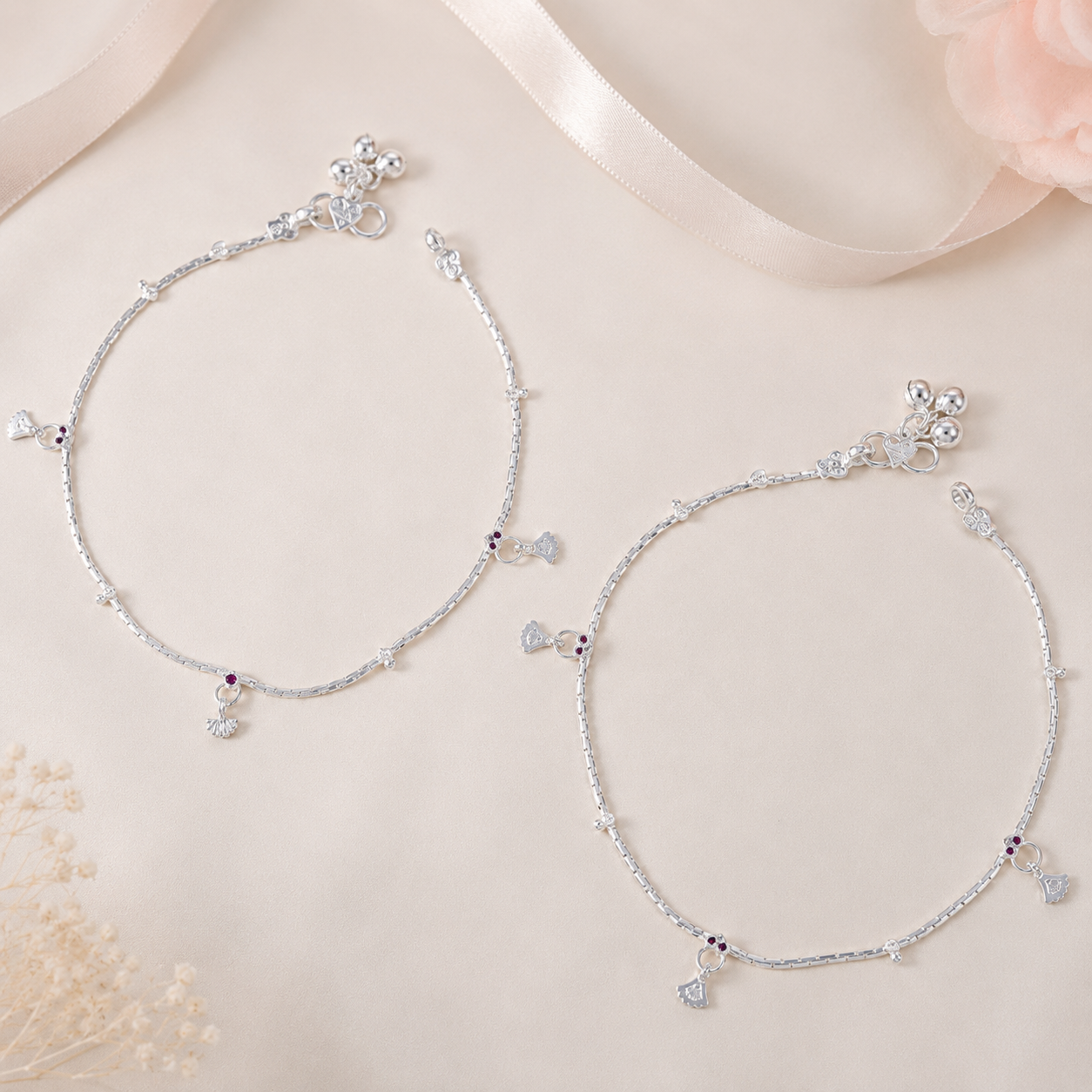 Ruby Charm Silver Anklets
