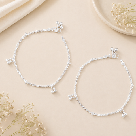 Meera Beaded Charm Silver Anklets