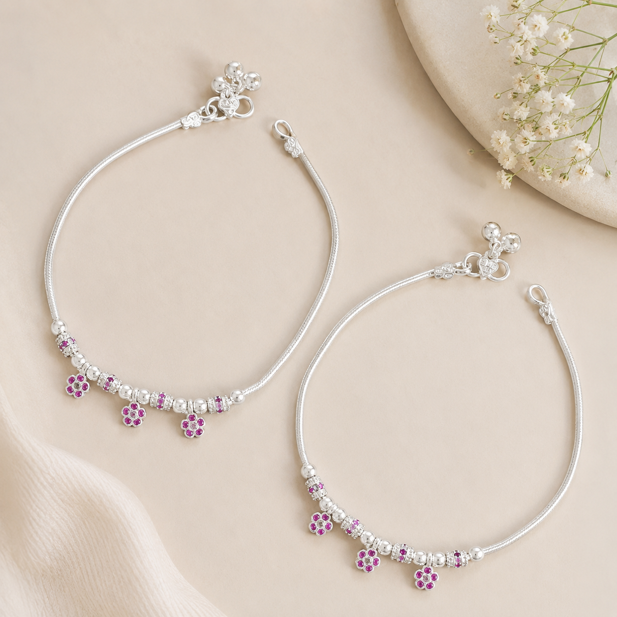 Aabha Floral Elegance Silver Anklets