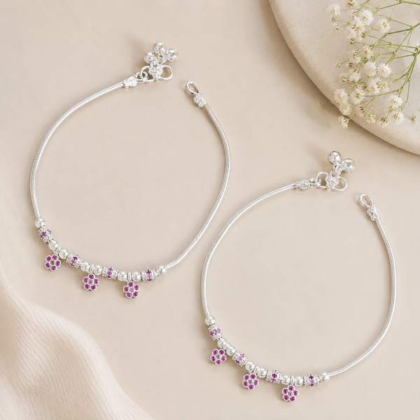 Aabha Floral Elegance Silver Anklets