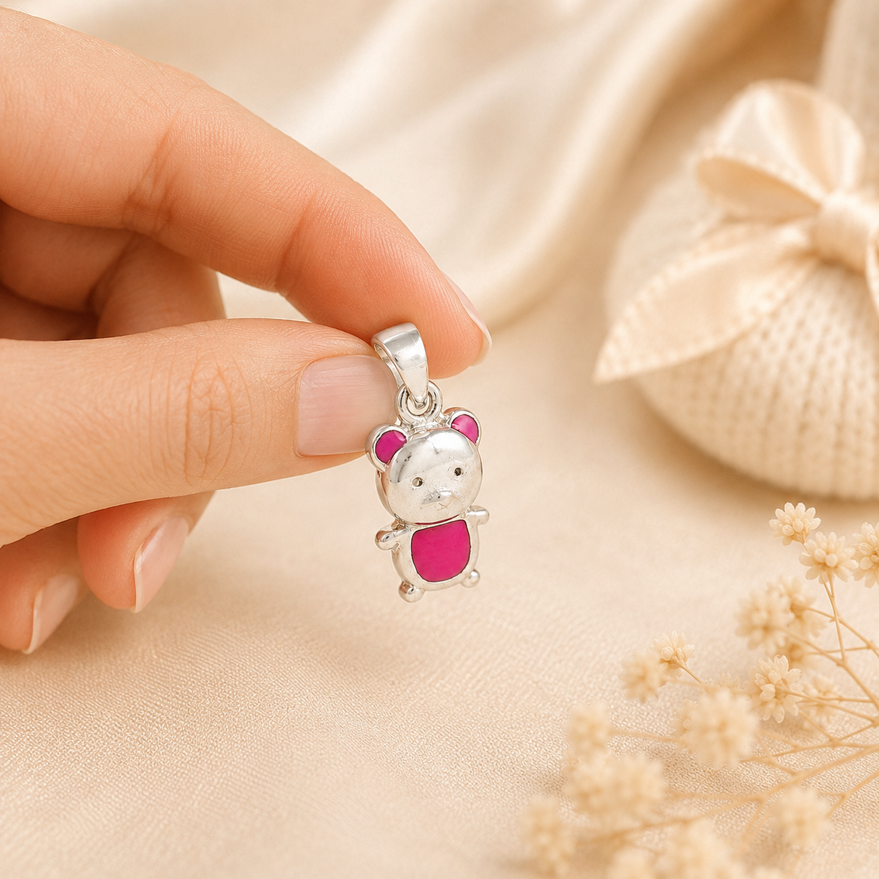 Teddy Bear Designed Silver Pendant For Baby