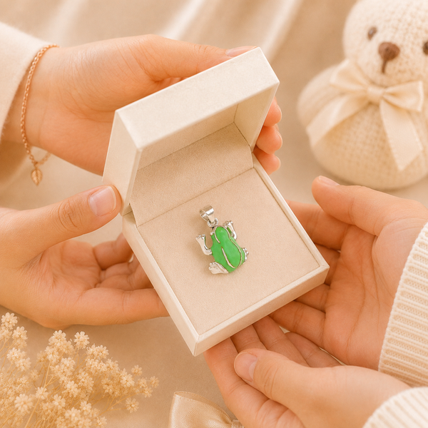 Frog Green Enamel Silver Pendant For Baby