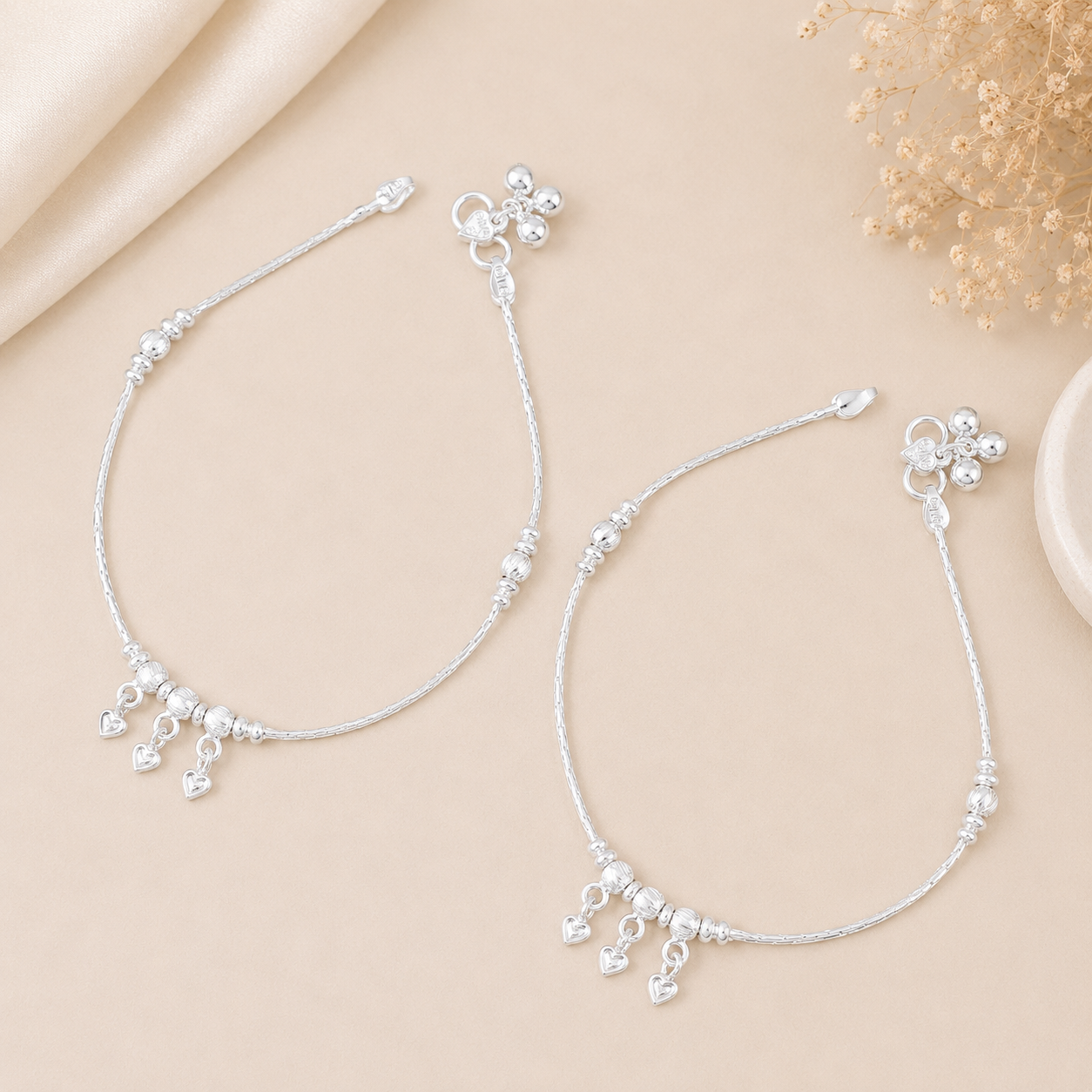 Eshani Tiny Heart Charm Silver Anklets