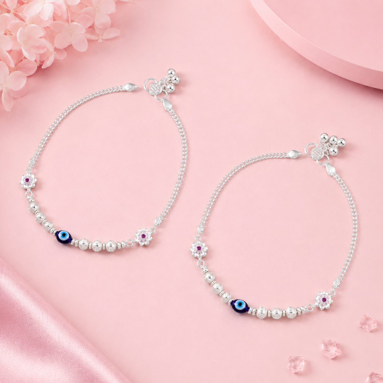 Floral Eye Bead Silver Anklets
