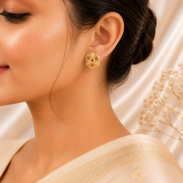 Ira Ethnic Floral Mesh Gold Earrings